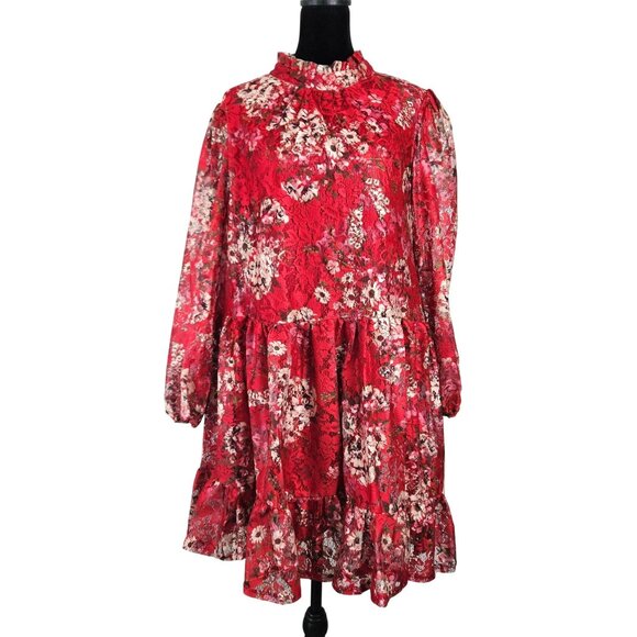 Maison Tara Womens Size 10 Red Floral Long Sheer Sleeve Tiered Ruffle Mini Dress - Picture 4 of 12